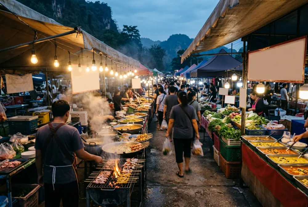 Thai provincial night market food stalls under warm bulbs